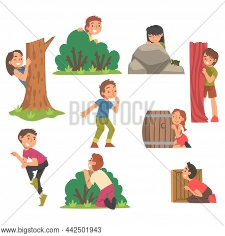 Kids Playing Hide And Seek Concealing Behind Tree And Bush Vector Set