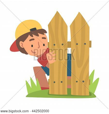 Little Boy In Baseball Cap Playing Hide And Seek Concealing Behind Wooden Fence Vector Illustration