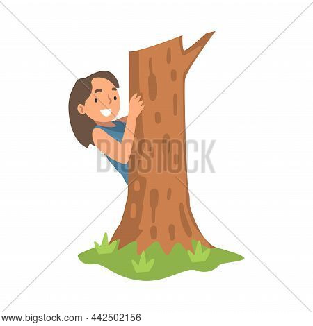 Little Girl Playing Hide And Seek Concealing Behind Tree Trunk Vector Illustration