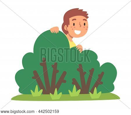 Little Boy Playing Hide And Seek Concealing Behind Bush Vector Illustration