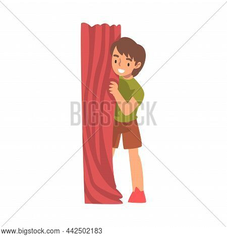 Little Boy Playing Hide And Seek Concealing Behind Tree Trunk Vector Illustration