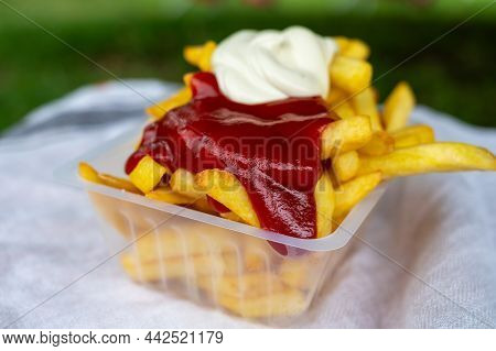 French Fried Potato Sticks With Tomato Ketchup And Egg Mayonnaise Ready To Eat