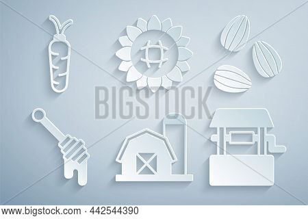 Set Farm House, Seeds, Honey Dipper Stick, Well, Sunflower And Carrot Icon. Vector
