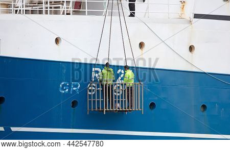Reykjavik, Iceland On July 27, 2021: Large Fishing Vessel In A Dry Dock Being Repainted