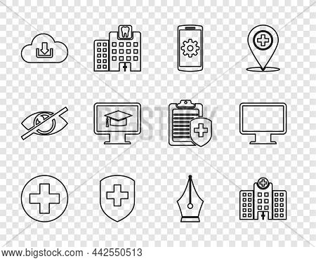 Set Line Medical Cross In Circle, Hospital Building, Setting On Smartphone, Shield With, Cloud Downl