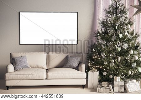 Christmas Interior With Sofa, Christmas Tree, Mock Up Paintings. New Year Template, Festive Atmosphe