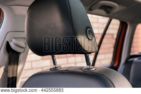 Close-up Of A Car Seat Headrest. Photography Of The Car Interior