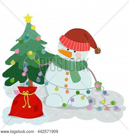 Snowman In A Hat Decorates The Christmas Tree.