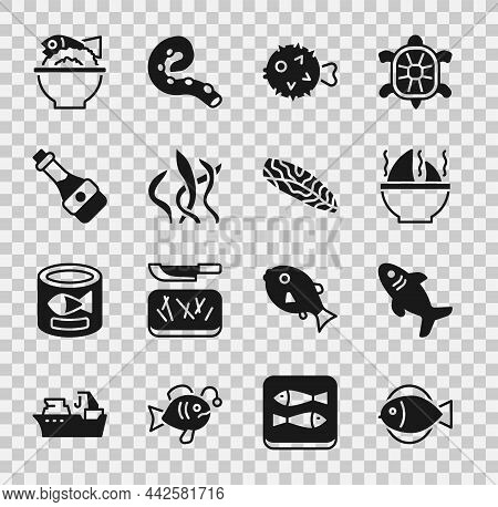 Set Fish, Shark, Fin Soup, Hedgehog, Seaweed, Soy Sauce Bottle, Served Fish On Bowl And Steak Icon. 