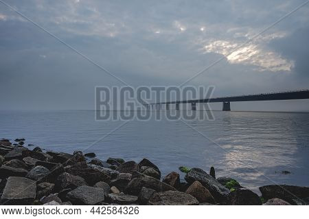 Storebealt Bridge In The Mist,  In Denmark Between Nyborg And Korsor.