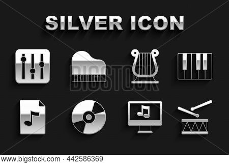 Set Vinyl Disk, Music Synthesizer, Drum With Drum Sticks, Computer Music Note, Mp3 File Document, An