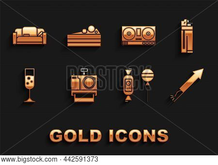 Set Photo Camera, Lighter, Firework Rocket, Lollipop, Glass Of Champagne, Dj Remote For Playing And 