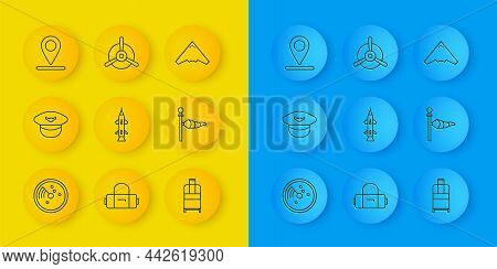 Set Line Radar With Targets On Monitor, Pilot Hat, Rocket, Suitcase, Cone Meteorology Windsock Wind 