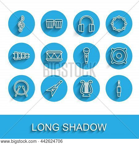 Set Line Drum And Drum Sticks, Electric Bass Guitar, Treble Clef, Ancient Lyre, Audio Jack, Stereo S