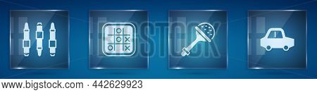 Set Marker Pen, Tic Tac Toe Game, Rattle Baby Toy And Toy Car. Square Glass Panels. Vector