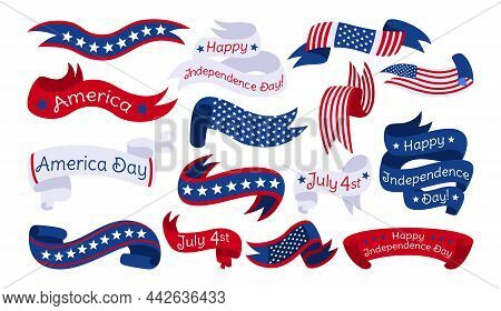 Ribbon American Independence Day Set. Flag Usa Tape Collection, Patriotic Insignia Festival, Happy A