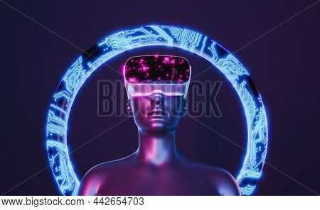 3d Girl With Virtual Reality Glasses And An Electronic Hoop Behind. Neon Lights. Futuristic Concept 