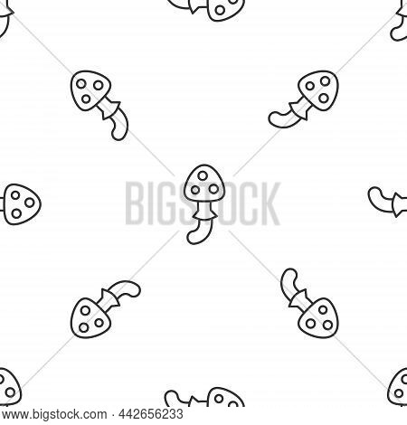 Grey Line Psilocybin Mushroom Icon Isolated Seamless Pattern On White Background. Psychedelic Halluc