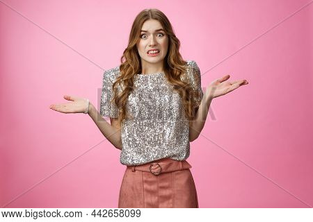 Awkward Confused Glamour Party Girl Shrugging Hands Spread Sideways Dismay Grimacing Unaware, Cannot