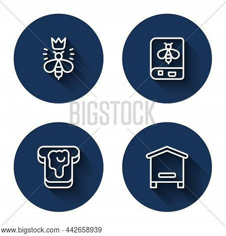 Set Line Queen Bee, Book About, Bread With Honey And Hive For Bees With Long Shadow. Blue Circle But