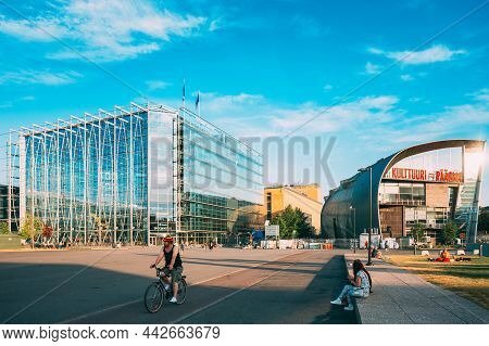 Helsinki, Finland - July 28, 2014: People Are Relaxing In Front Of The Kiasma Museum And Sanoma Buil