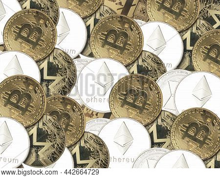 Crypto Currency Coins, Different Virtual Money Background With Bitcoin And Ethereum.
