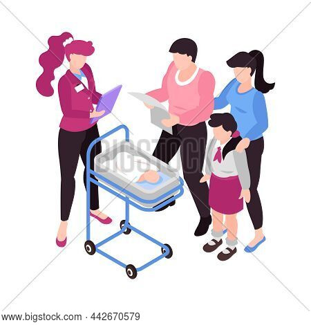 Isometric Surrogacy Adoption Custody Composition With Characters Of Parents And Baby On Table With A
