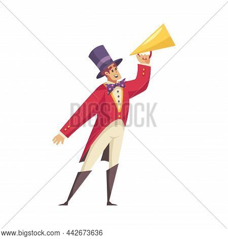Circus Composition With Isolated Male Character Of Barker In Hat With Golden Megaphone Vector Illust