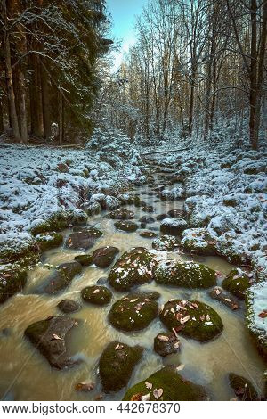 First Snow On The Forest Rapids Of Finnish Nukarinkoski: Sunny October Day.