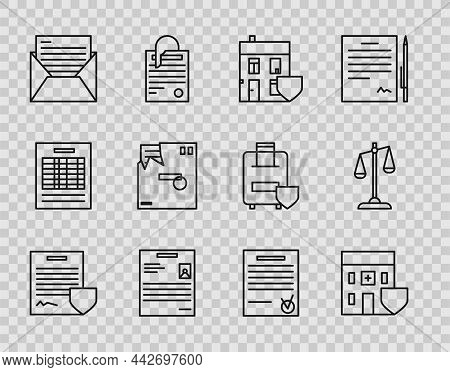 Set Line Contract With Shield, Medical Hospital Building, House, Personal Document, Mail And E-mail,