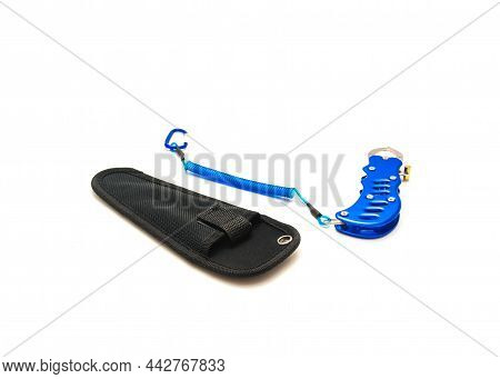 Blue Fish Lip Gripper With Stainless-steel Jaws And Black Carry Bag Isolated On White