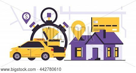 Online Taxi Service To Your Home. A Yellow Taxi Is Waiting For A Passenger At The House. Map, Gps Po