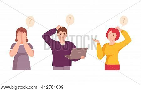 People Thinking With Question Marks Over Their Heads Set. Thoughtful Persons Thinking About Problems