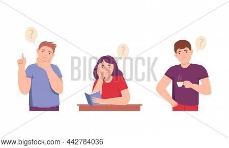 People Thinking With Question Marks Over Their Heads Set. Persons In Doubt Thinking About Problems V