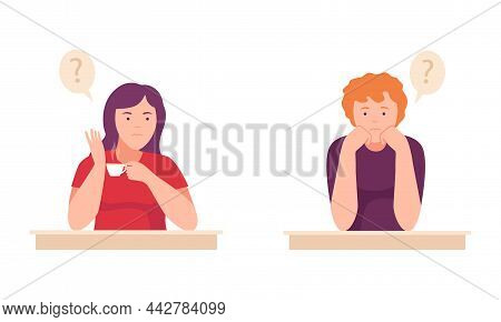 Man And Woman Thinking With Question Marks Over Their Heads Set. Puzzled Persons Thinking About Prob
