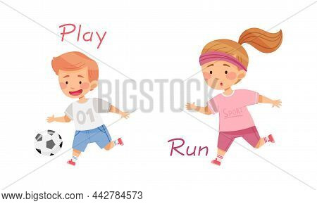 Play And Run English Action Verbs For Kids Education Set. Children Doing Daily Routine Activities Ve
