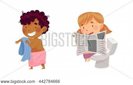 Children Doing Everyday Hygiene Activities In Bathroom Set. Cute Boy Wiping With Towel, Girl Sitting