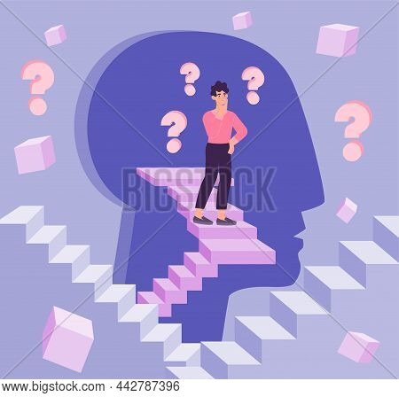Concept Of Psychology. Man Stands On Stairs In Silhouette Of Head, Pensive Character. Metaphor Of In