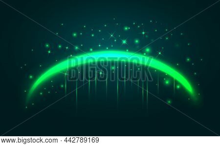 Magic Neon Green Arc. 3d Realistic Lighten Arch. Fairy Curve Shiny Line With Sparkles Stars And Glit