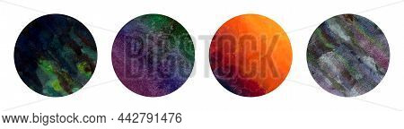 Set Of Watercolor Planets Isolated On White Background. Circles With Fill Like Planet In Space