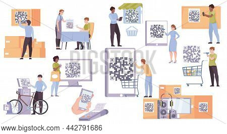 People Scanning Qr Code At Cafe Supermarket Warehouse Shop Flat Set Isolated Vector Illustration