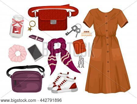 Trendy Clothes Set With Isolated Icons Of Female Dress With Boots Scarf Waist Bag And Accessories Ve