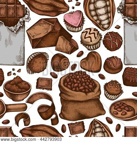 Seamless Pattern With Hand Drawn Colored Cocoa Beans, Cocoa, Chocolate, Chocolate Candies Stock Illu