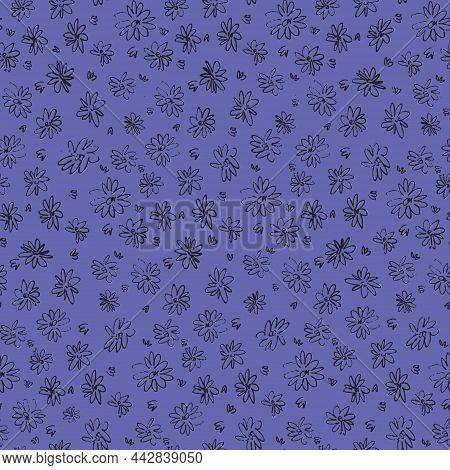 Seamless Pattern With Meadow Flowers In Ditzy Style, Trendy Blue With Violet-red Undertone, Colors O