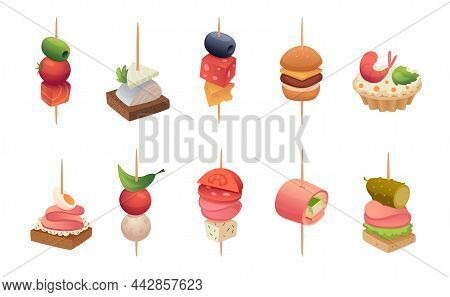 Party Appetizer. Various Snacks Canape And Sandwhich For Buffet Gourmet Table With Toasts And Vegeta