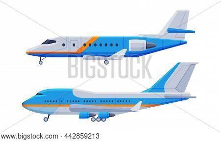 Flying Airliner Or Airplane For Transporting Passengers Side View Vector Set