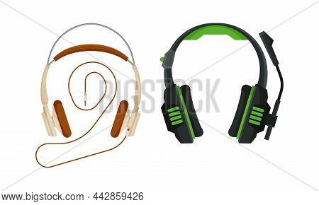 Over-ear Headphones Or Earphones As Pair Of Loudspeaker Drivers With Cord Vector Set