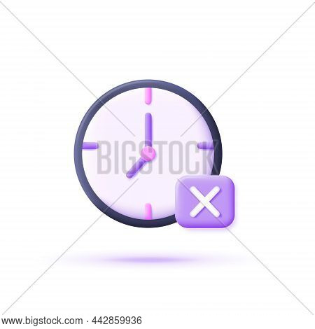 3d Icon Clock And Cross Sign. Modern And Trendy Icon Isolated On White Background. Vector In 3d Styl
