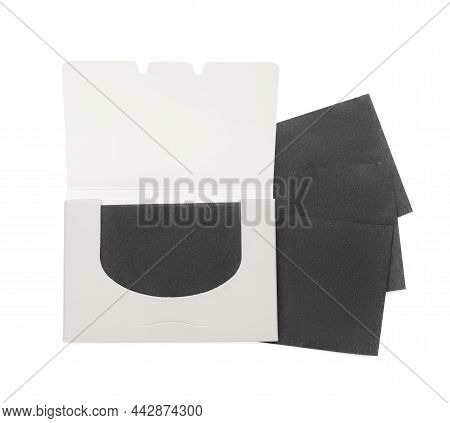 Package With Facial Oil Blotting Tissues On White Background, Top View. Mattifying Wipes