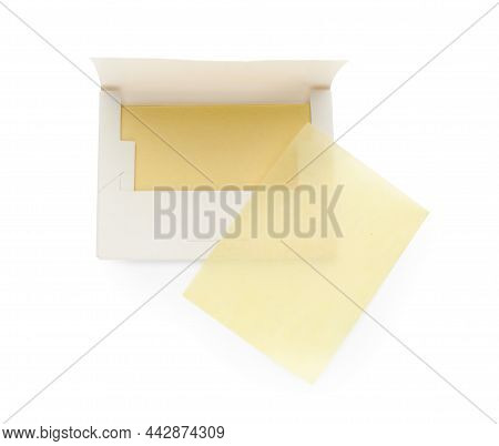 Package With Facial Oil Blotting Tissues On White Background, Top View. Mattifying Wipes